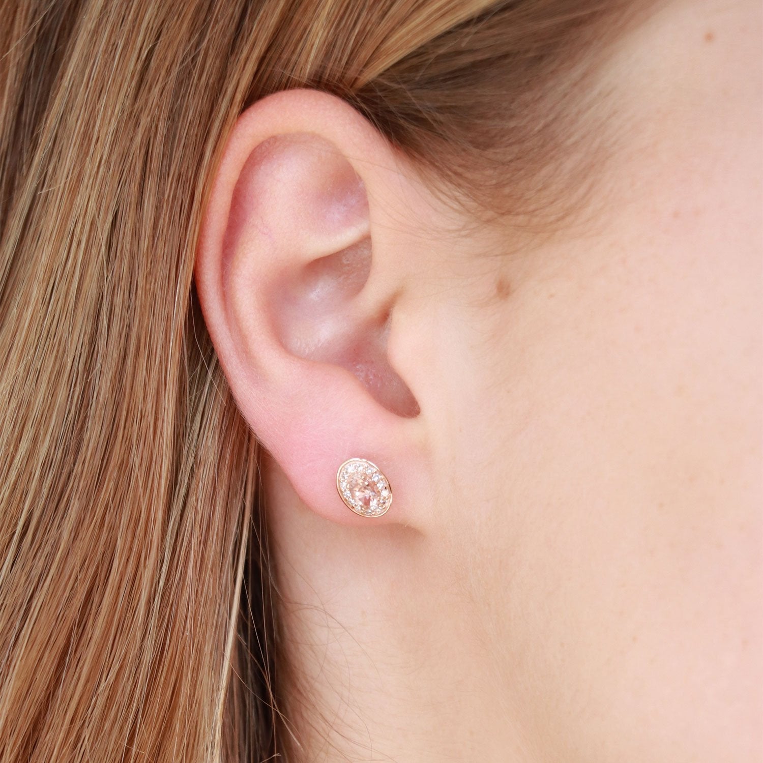 Morganite Stud Earrings with 0.15ct Diamonds in 9K Rose Gold